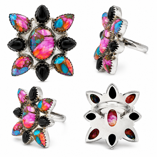 Pink Dahlia and Black Onyx Cluster .925 Sterling Silver Cluster Ring