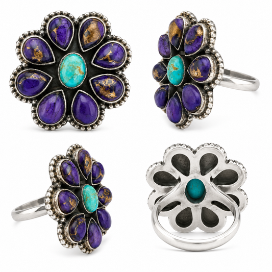 Purple Dahlia & Turquoise .925 Sterling Silver Cluster Ring