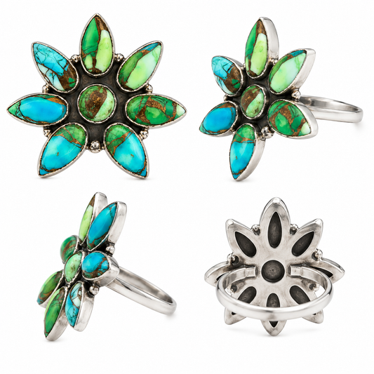 Peacock Dahlia .925 Sterling Silver Adjustable Cluster Ring
