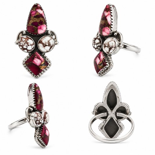 Red Rose Dahlia & Wild Horse Jasper .925 Sterling Silver Adjustable Cluster Ring
