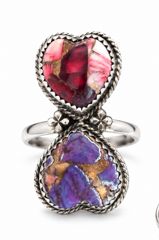 Red Rose Dahlia & Purple Dahlia .925 Sterling Silver Adjustable Heart Ring