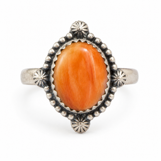 Orange Spiny Shell Adjustable .925 Sterling Silver Ring