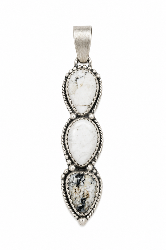 2.06” x 0.45” White Buffalo Triple Stone .925 Sterling Silver Pendant