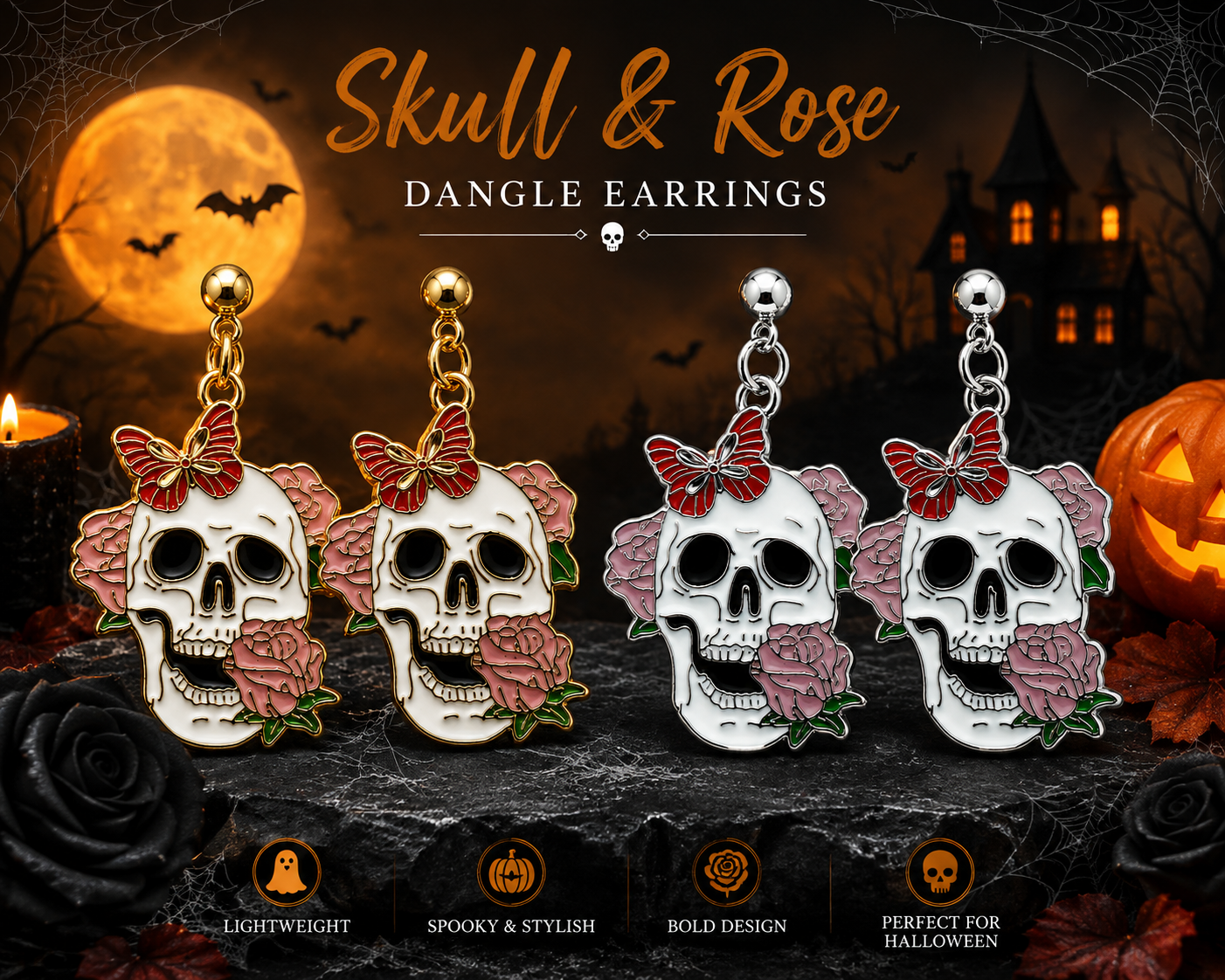 Skull & Rose Halloween Gothic Punk Fashion Earrings