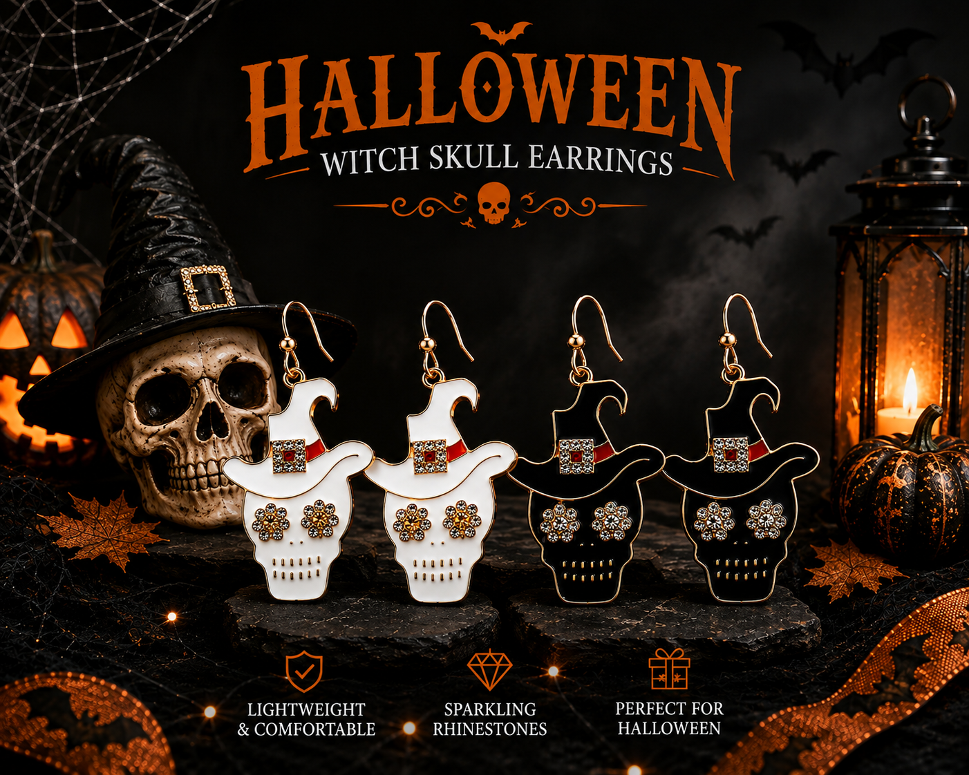 Skull Witch Hat Halloween Gothic Punk Earrings