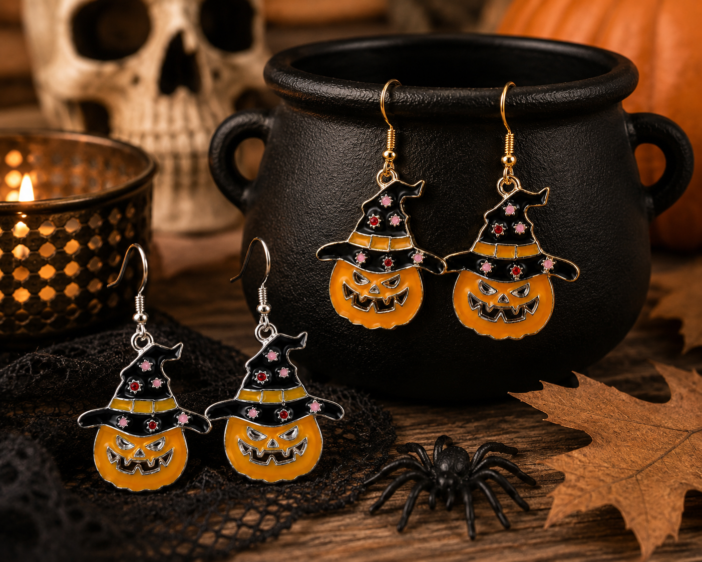 Cute Pumpkin Witch Hat Halloween Fall Earrings