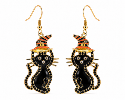 Black Cat Witch Hat Halloween Earrings