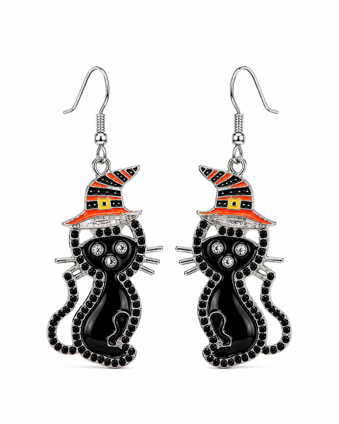 Black Cat Witch Hat Halloween Earrings