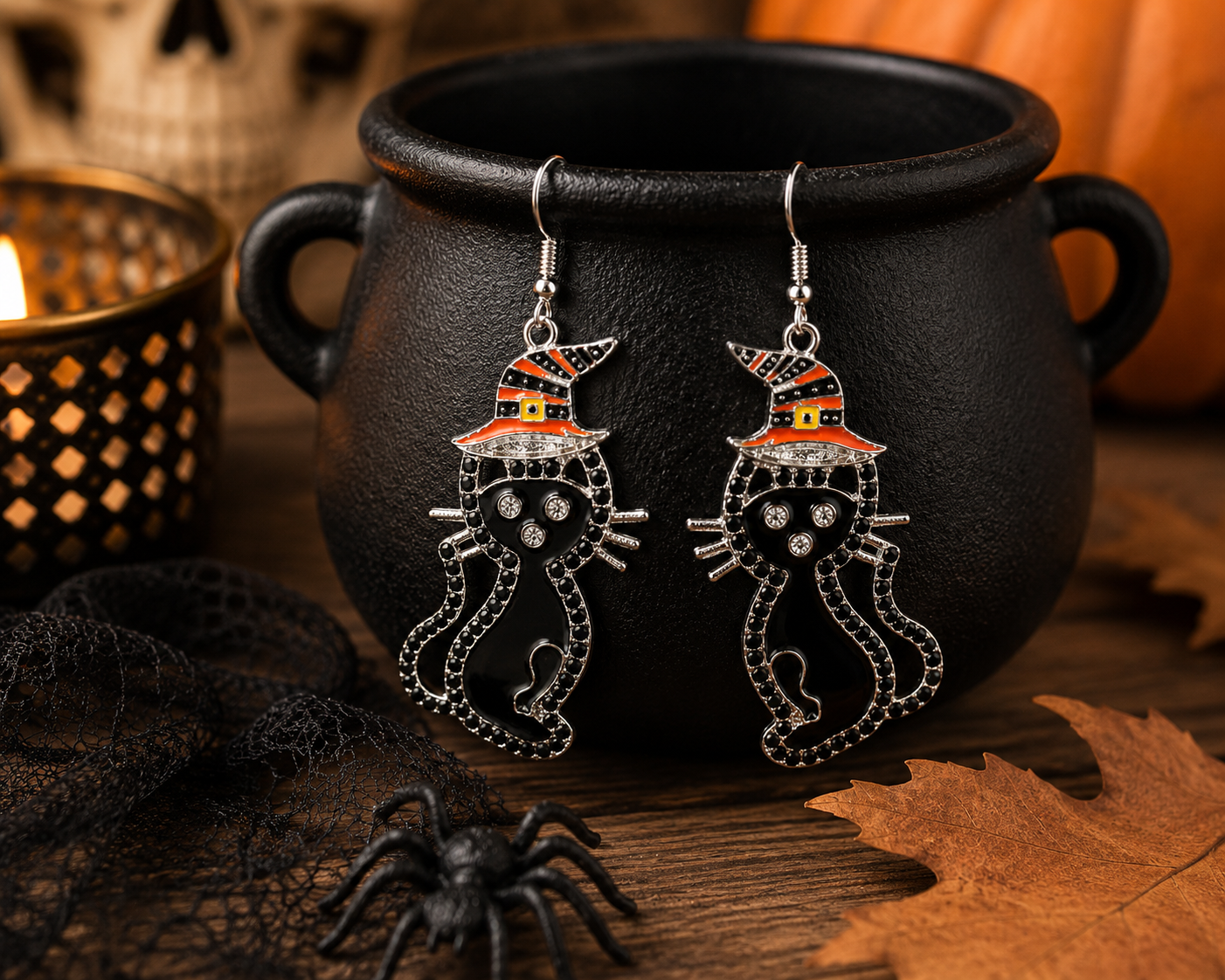 Black Cat Witch Hat Halloween Earrings