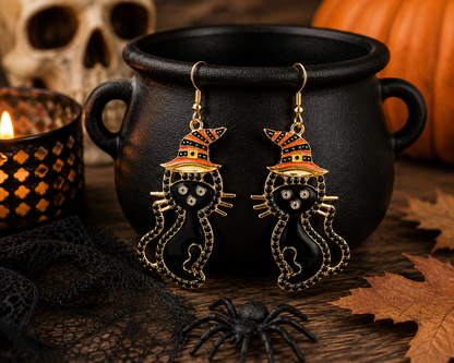Black Cat Witch Hat Halloween Earrings