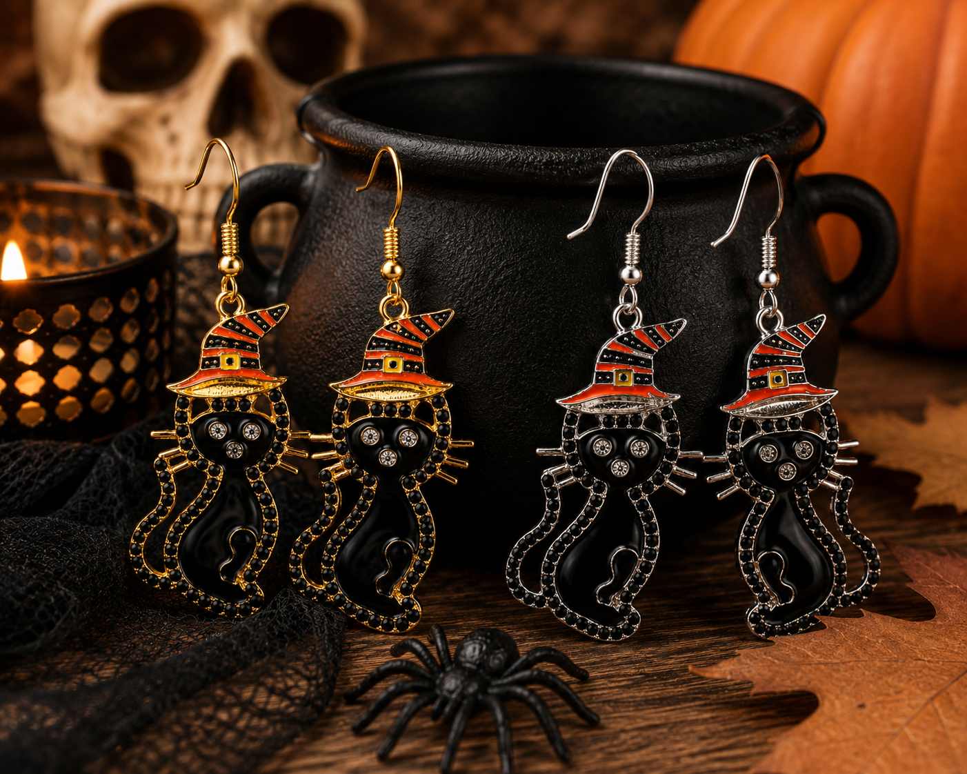 Black Cat Witch Hat Halloween Earrings