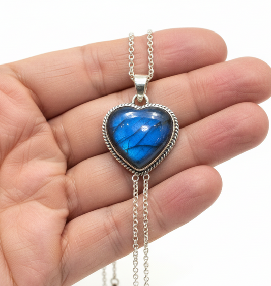 Small Labradorite .925 Sterling Silver Heart Necklace