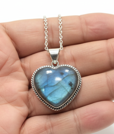 Large Labradorite .925 Sterling Silver Heart Necklace