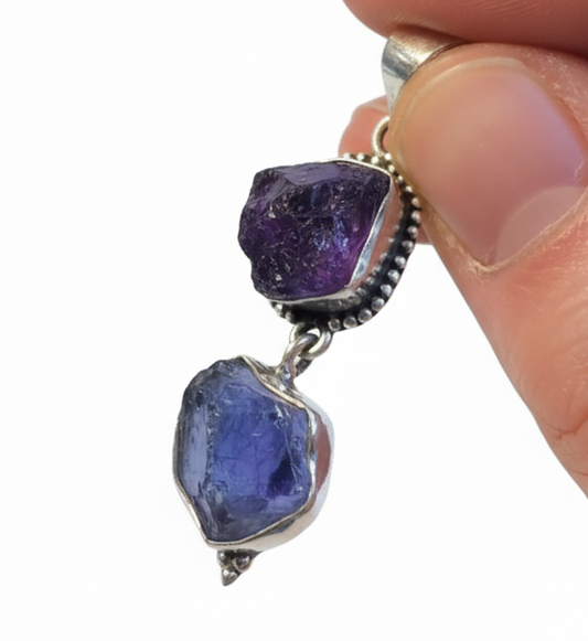 Raw Amethyst .925 Solid Sterling Double Stone Pendant