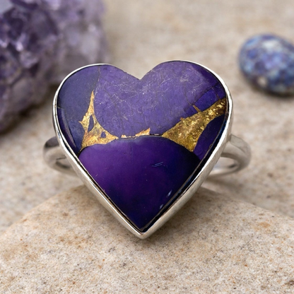 Size 9 Purple Dahlia Turquoise Heart .925 Solid Sterling Silver Ring