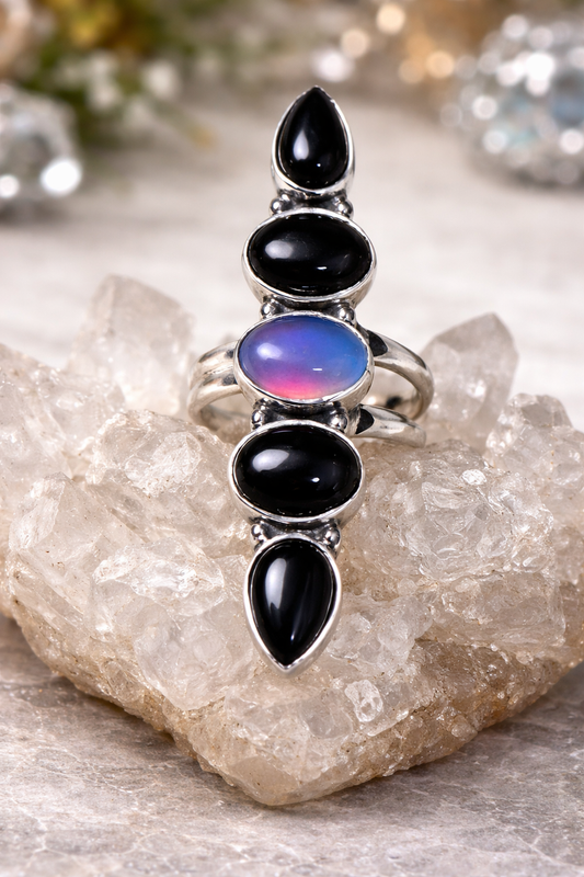 Adjustable Opal & Black Onyx .925 Solid Sterling Silver Ring