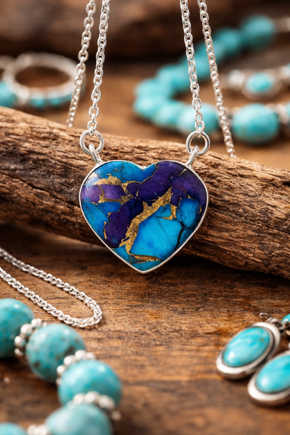 Purple & Blue Dahlia .925 Sterling Silver Heart Necklace