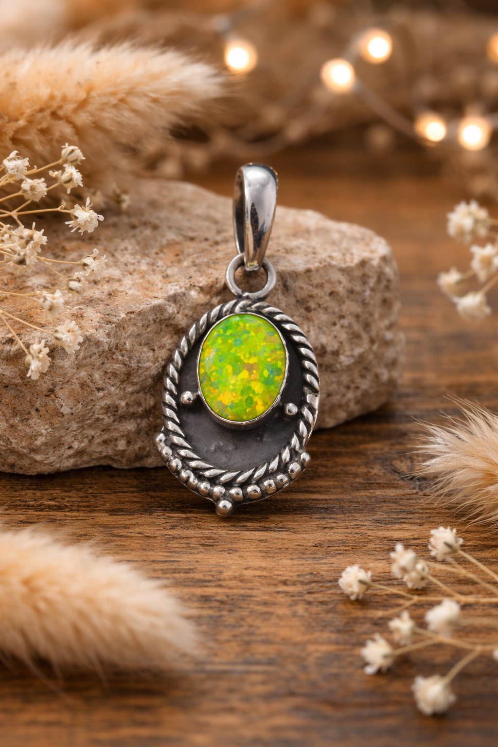 Green Opal .925 Solid Sterling Double Stone Pendant
