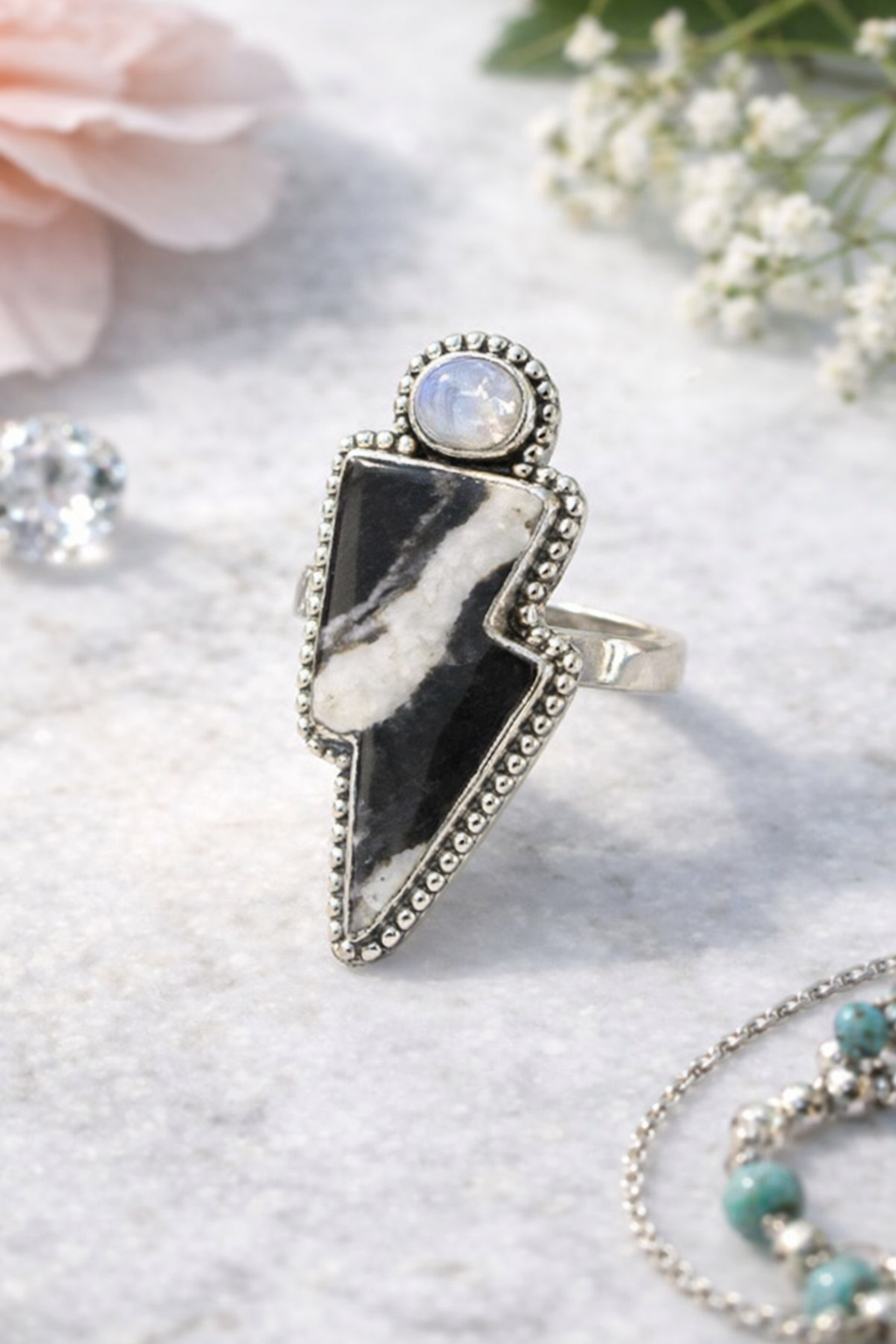 Size 10 Zebra Jasper & Moonstone .925 Solid Sterling Silver Ring