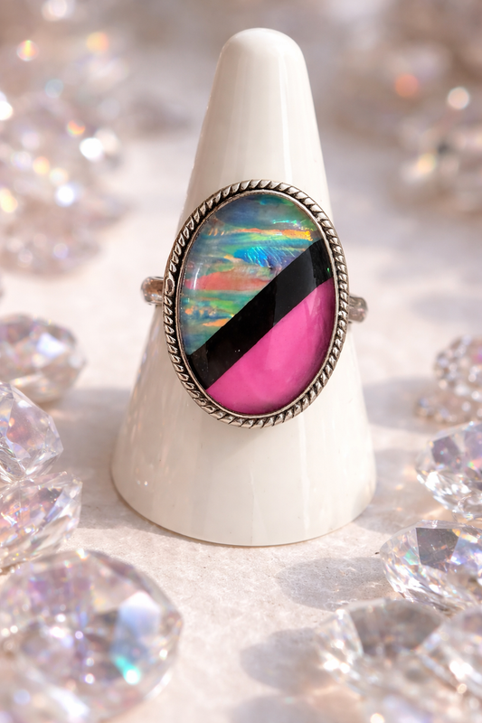 Size 10 Inlaid Opal 925 solid Sterling silver ring