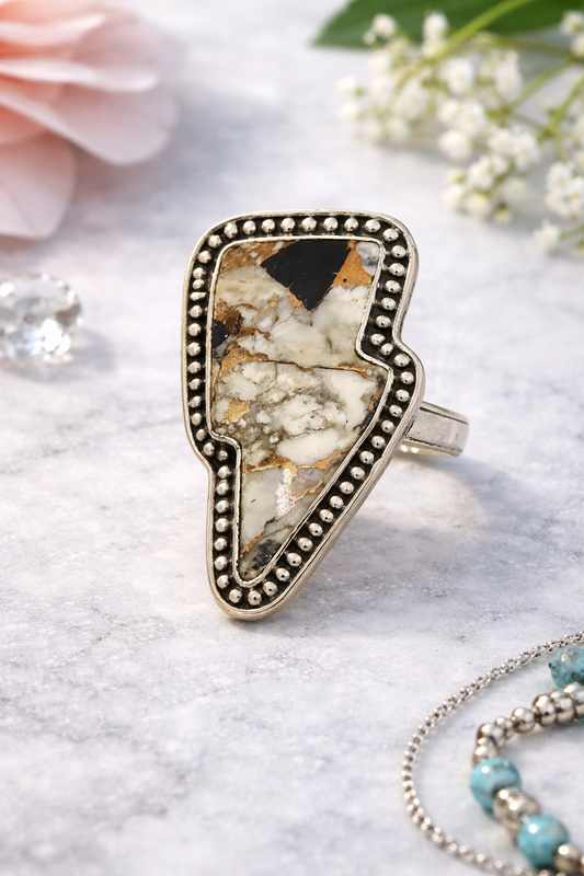 Size 10 White Buffalo Turquoise & White Horse Jasper 925 Solid Sterling Silver Ring