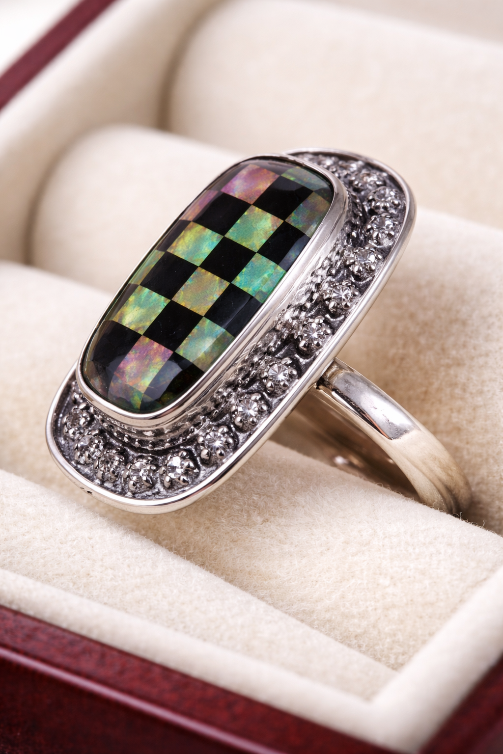 Adjustable 9 and under Aurora Opal Checker Board 925 Solid Sterling Silver Ring