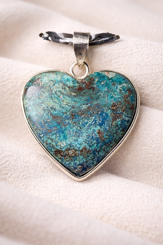 Chrysocolla Heart Shape .925 Solid Sterling Silver Pendant