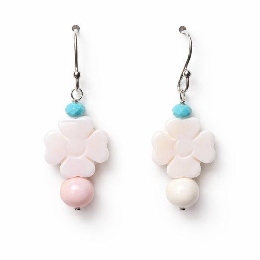 Pink Conch Shell & Turquoise .925 Solid Sterling Silver Earrings