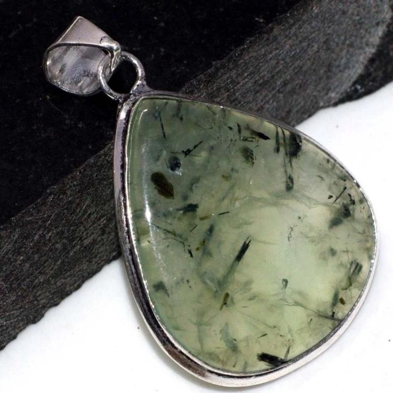 2" Moss Prehnite .925 Sterling Silver Overlay Pendant