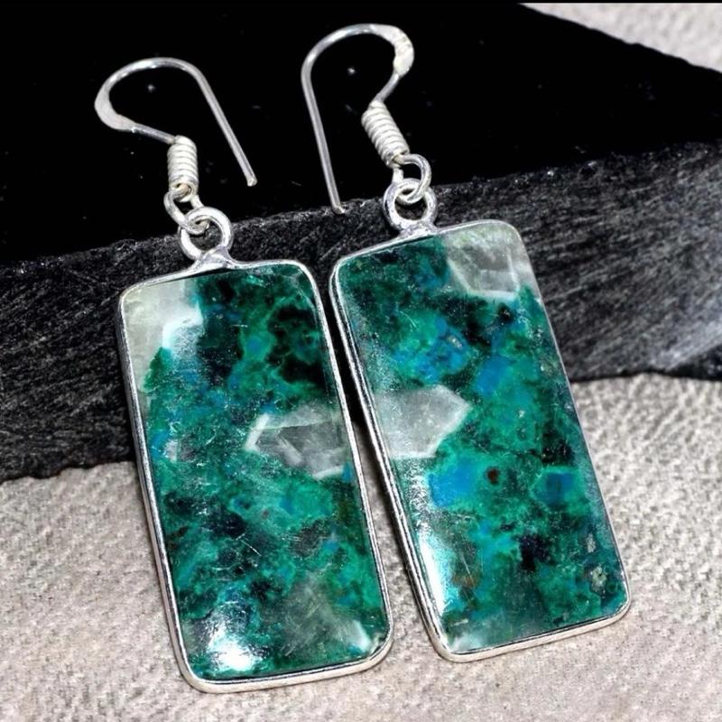 1.8" Chrysocolla .925 Sterling Silver Overlay Earrings