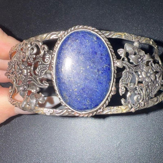 Lapis Lazuli Bangle Cuff .925 Sterling Silver Overlay Bracelet