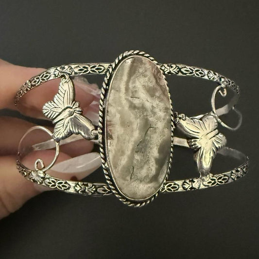 Agate Bangle Cuff .925 Sterling Silver Overlay Bracelet