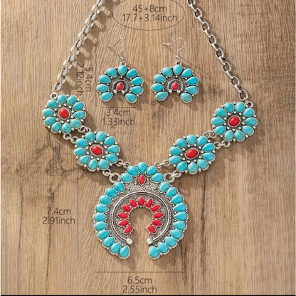 Western Country Cowgirl Southwestern Horseshoe Turquoise Necklace & Earring Set