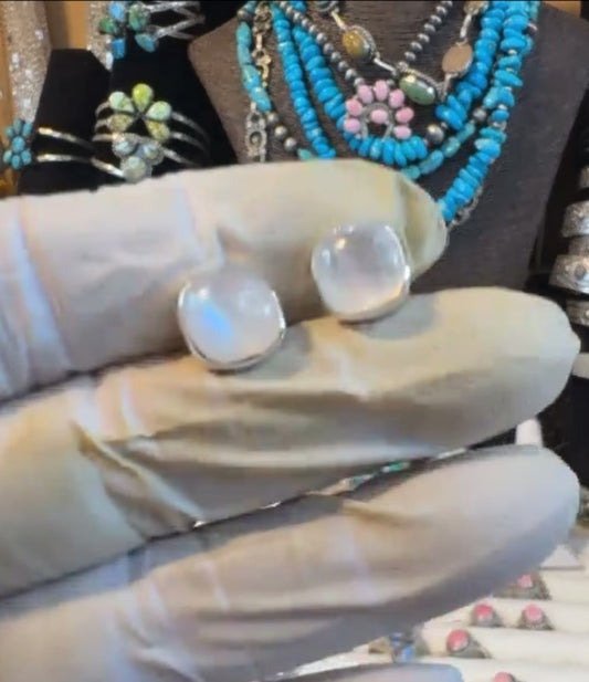 Rainbow Moonstone Stud .925 Solid Sterling Silver Earrings