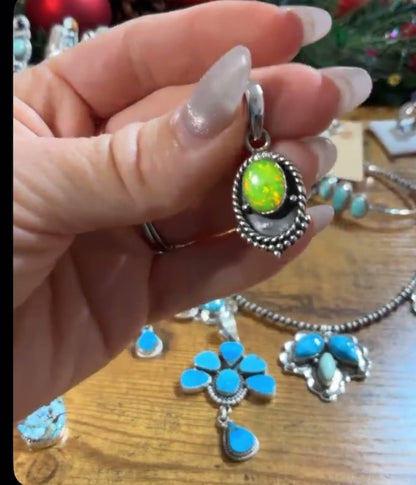 Green Opal .925 Solid Sterling Double Stone Pendant