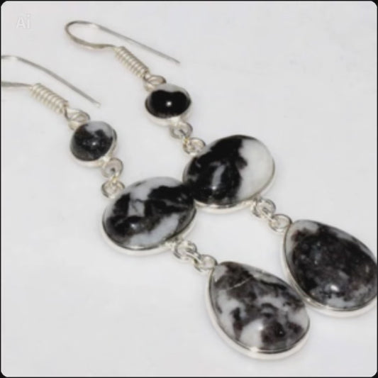 2.8" Long White Buffalo Turquoise 925 Silver Overlay Earrings