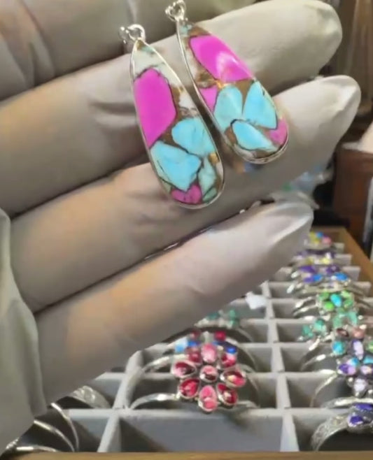 Cotton Candy Turquoise Dahlia .925 Sterling Silver Earrings