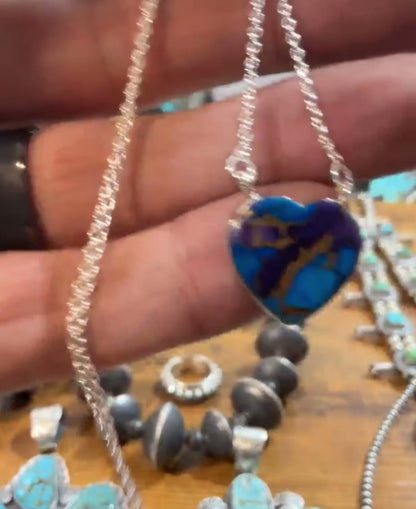 Purple & Blue Dahlia .925 Sterling Silver Heart Necklace