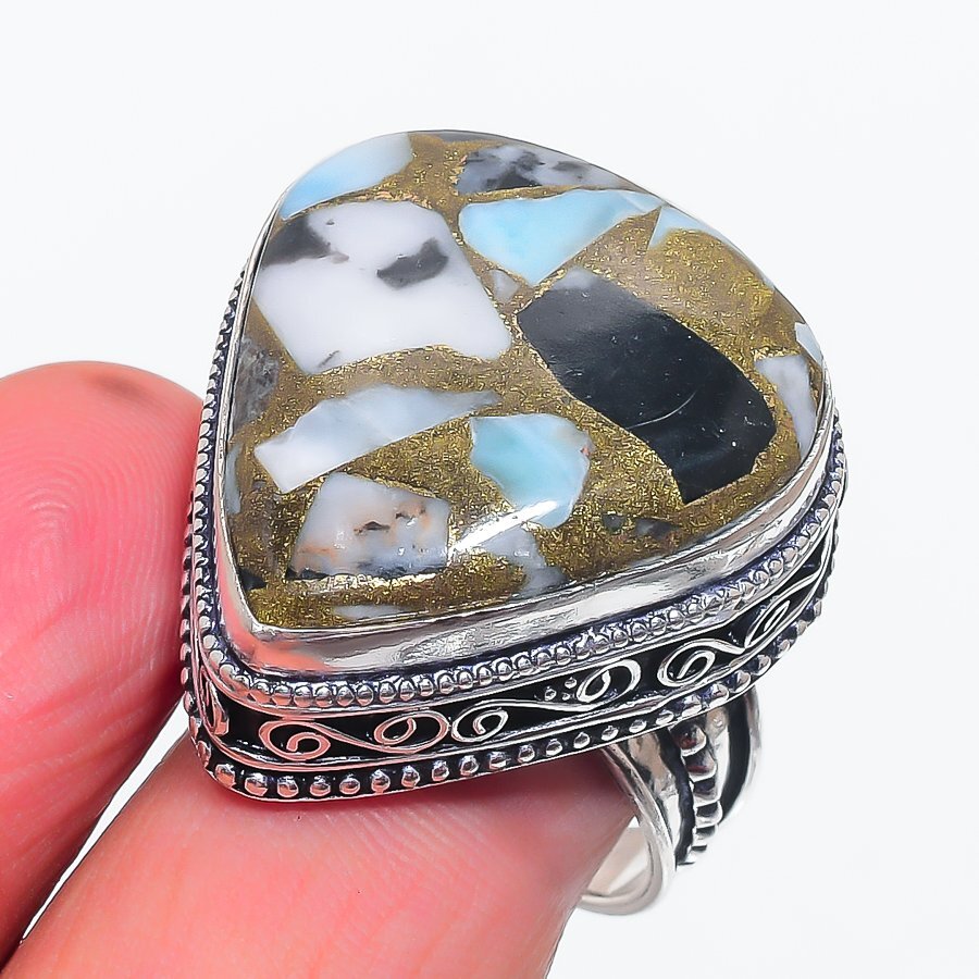 Size 9 Copper Larimar Gemstone 925 Sterling Silver Jewelry Ring