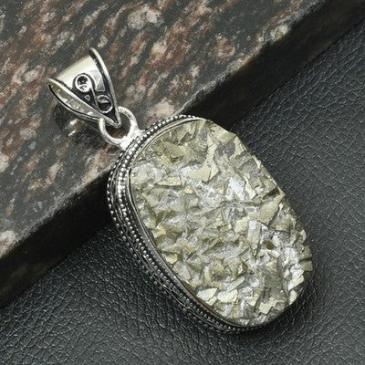 2.32" Apache Pyrite Druzy Gemstone Ethnic Antique Design Silver Plated Pendant
