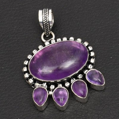 2" Amethyst Gemstone Ethnic Handmade Silver Plated Pendant