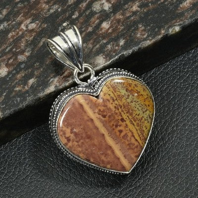 1.8" Jasper Gemstone Handmade Silver Plated Antique Design Heart Pendant