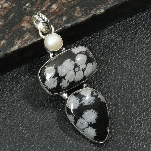 2.4" Snowflake Obsidian Pearl Gemstone Silver Plated Handmade Pendant