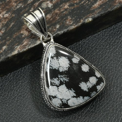 2.32" Snowflake Obsidian Pearl Gemstone Silver Plated Handmade Pendant (Copy)