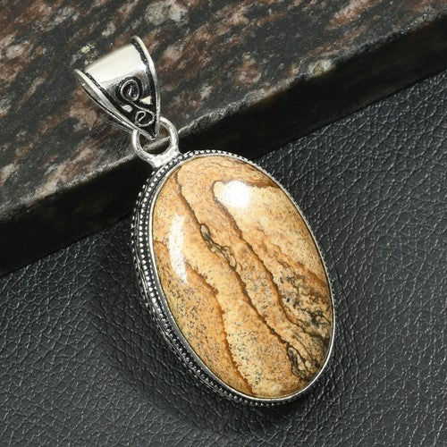 2.2" Picture Jasper Gemstone Handmade Silver Plated Pendant