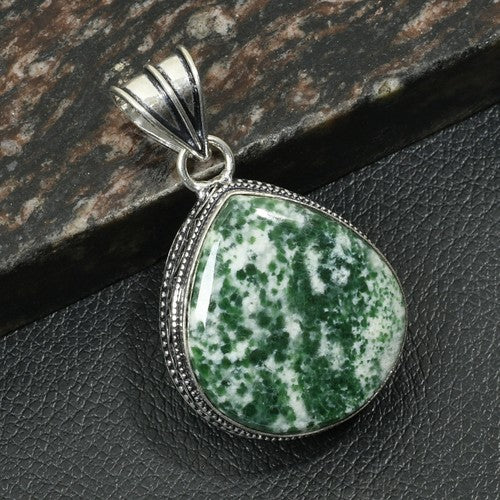 2" Moss Agate Gemstone Handmade Antique Silver Plated Pendant