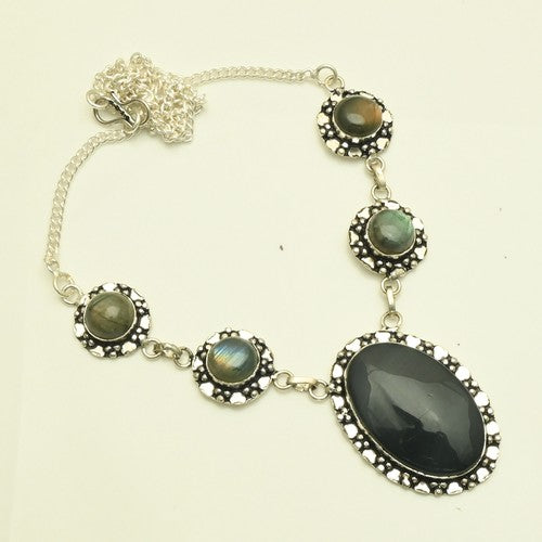 18" Black Onyx Labradorite Gemstone Silver Plated Handmade Necklace