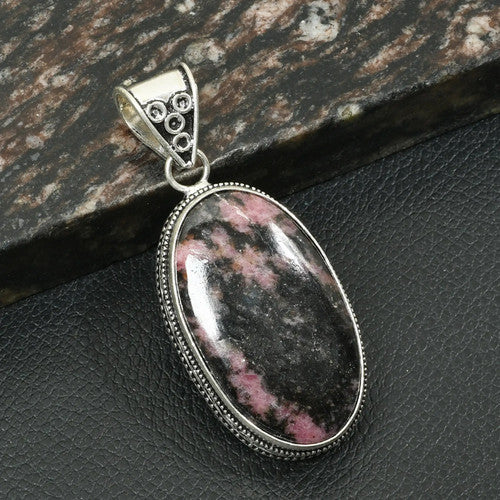 2.4" Rhodonite Gemstone Ethnic Handmade Silver Plated Pendant