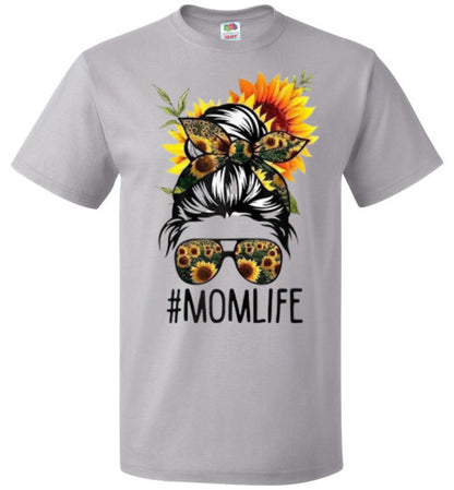 Mom Life Sunflower Fall Messy Hair Bun Graphic Tee Shirt Top