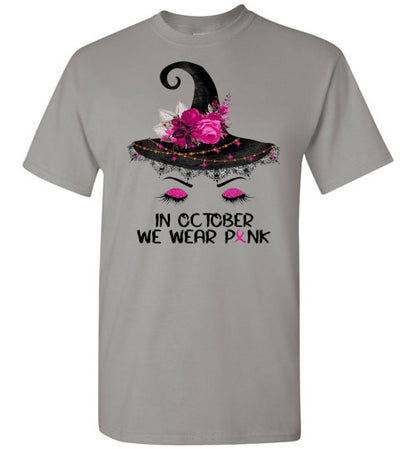 In October We Wear Pink Breast Cancer Awareness Witch Halloween Tee Shirt Top T-Shirt